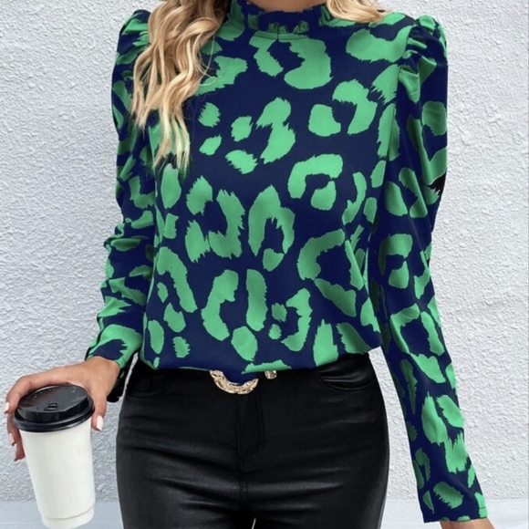 Tops - New Leopard Print Frill Mock Neck Puff Sleeve Blouse